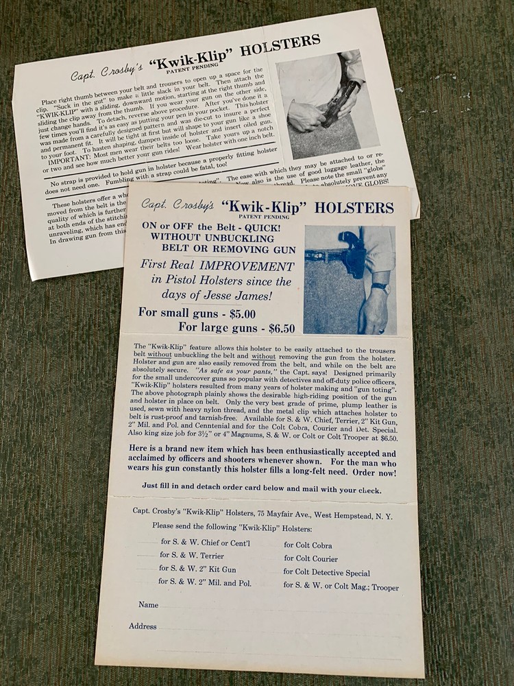Vintage Capt Crosley’s Kwik-Klip Holsters Info Insert & Wrapper