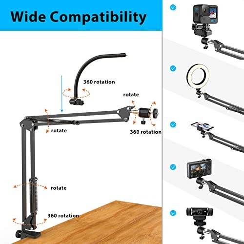Overhead Camera Mount with Ring Light, Flexible Articulating Phone Arm Black