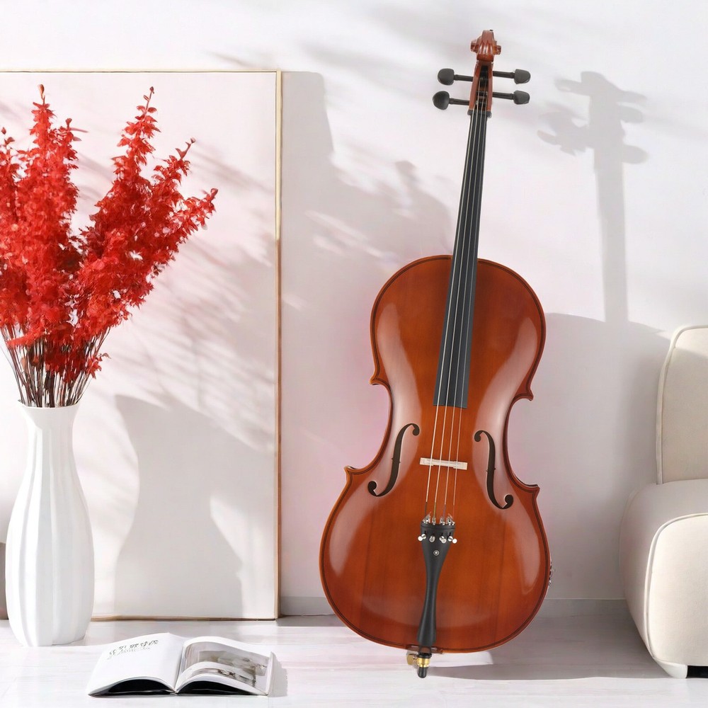 Full Size Natural 4/4 Acoustic Cello Set w/ Spruce Panel & Tiger Pattern Process
