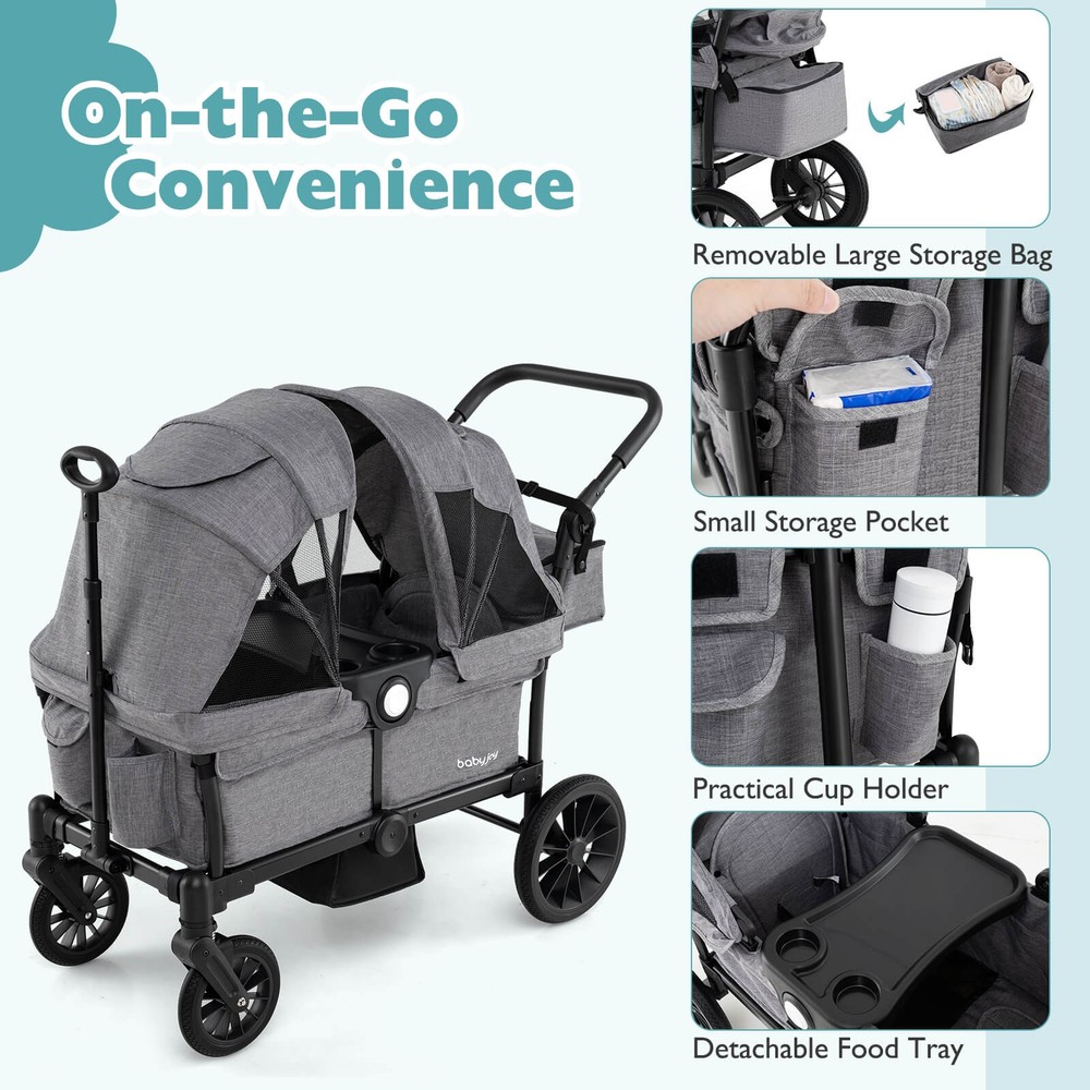 Wagon Stroller for 2 Kids Push Pull Double Stroller with Adjustable Handle