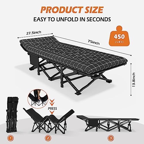 Camping Cot for Adults with Cushion Comfortable, Portable Folding Bed Black