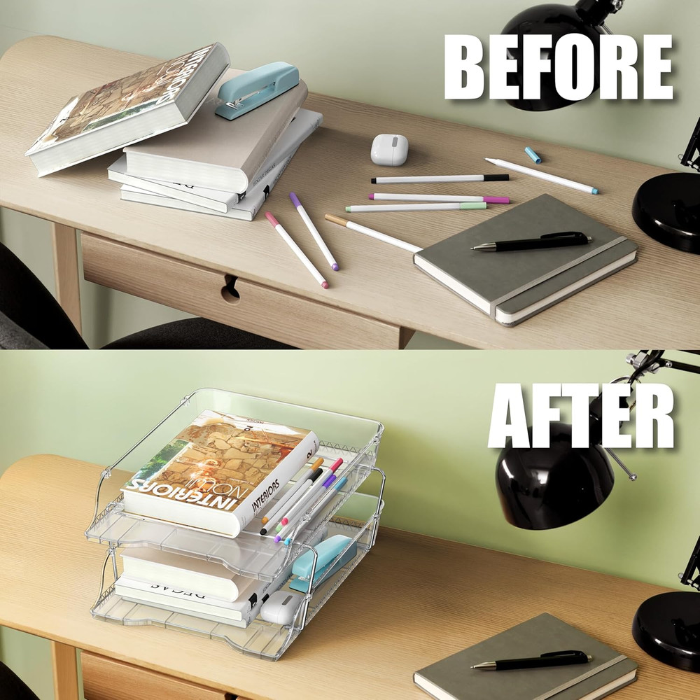 Simple Houseware 2-Tier Clear Stackable Letter Tray Organizer – Desktop File Hol