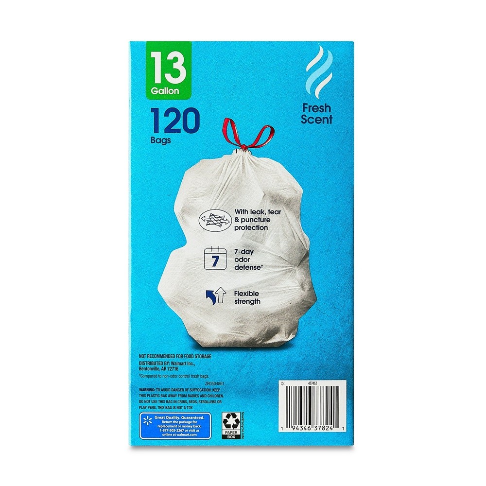 Great Value Strong Flex 13-Gallon Drawstring Tall Kitchen Trash Bags, Fresh Sce