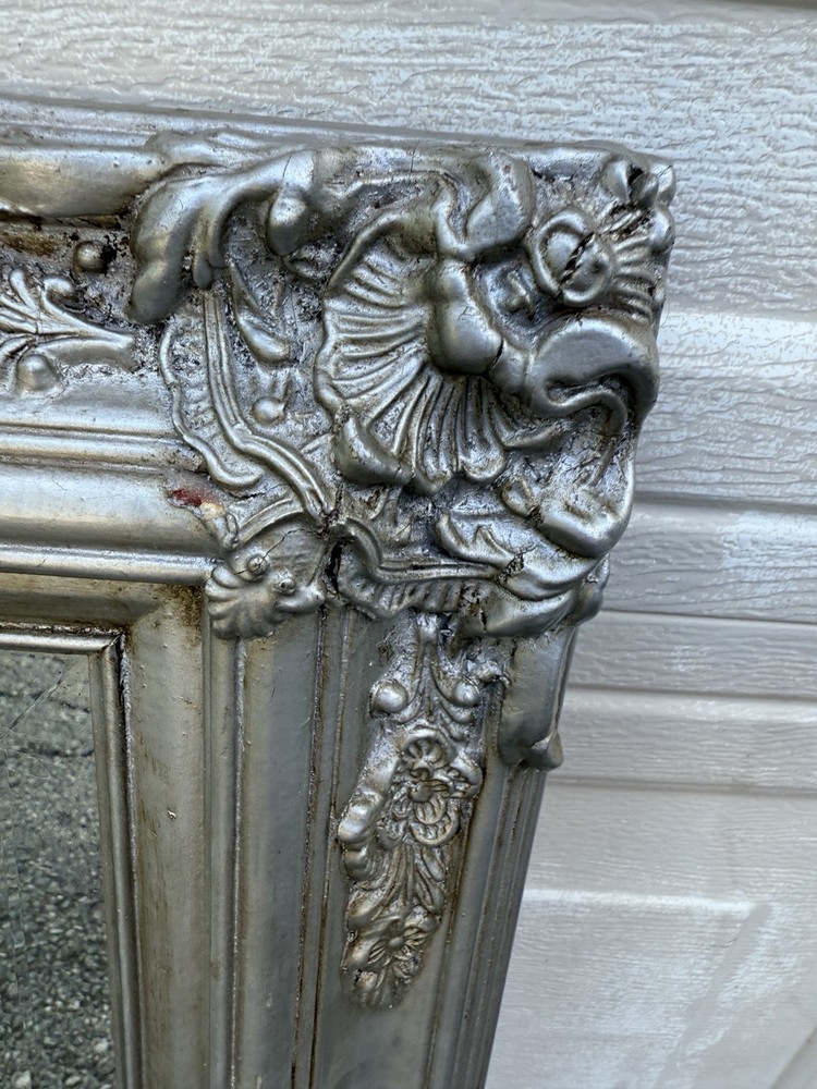 vintage FRENCH STYLE RECTANGULAR WALL MIRROR ORNATE SILVER FRAME Beveled Glass
