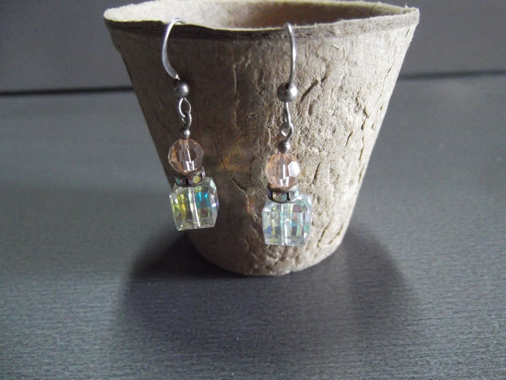 1 Pair Old Dangle Drop Clear/Square Glass 1.25"in