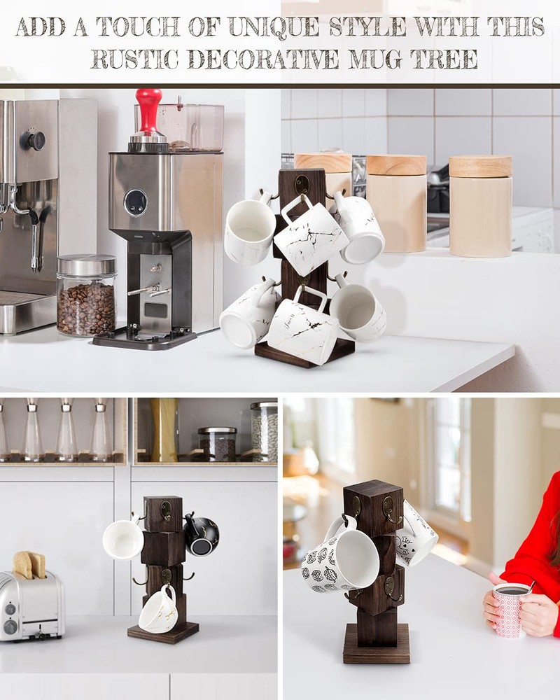 PUERSI Coffee Mug Holder for Counter, Rustic Solid Wood Mug Tree, Farmhouse W...