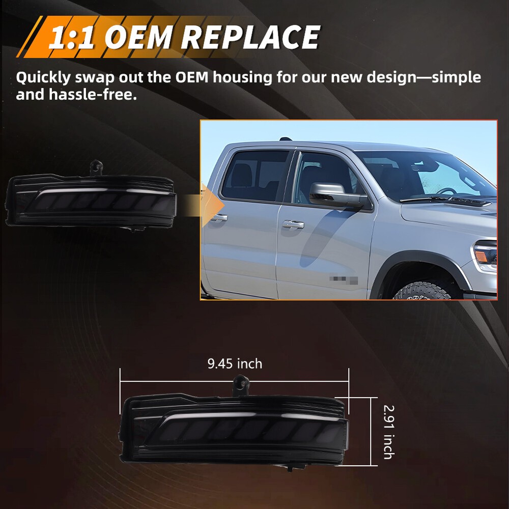 Smoked Lens Dynamic Sequential Blink LED Side Mirror Cap Lights For 19+ RAM 1500