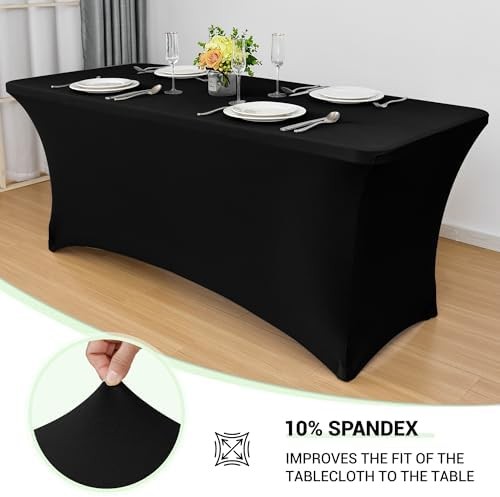Obstal 6ft Black Spandex Table Cloth, 2 Pack, Fitted Rectangular