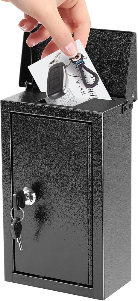 Wall Mounted Key Drop Box Locking Metal Mailbox Secure Storage Black