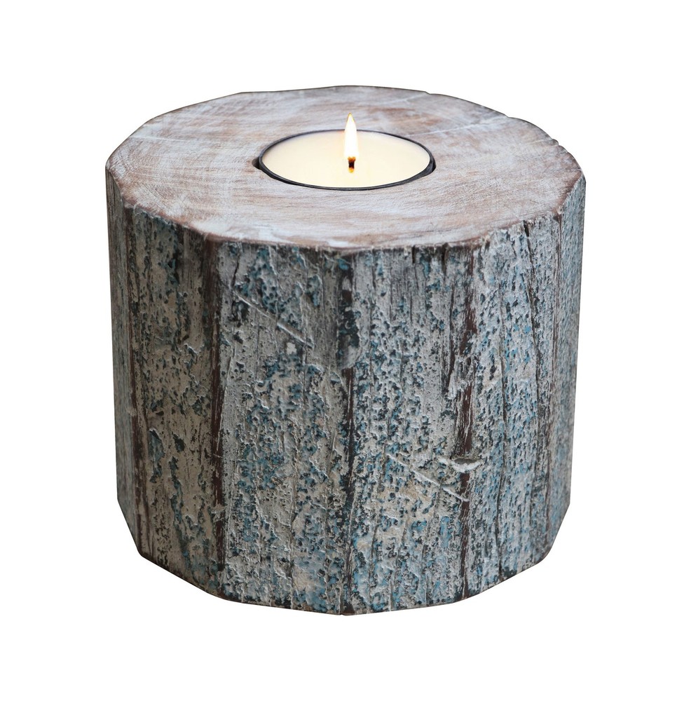 5" Brown And White Solid Wood Tabletop Tealight Candle Holder