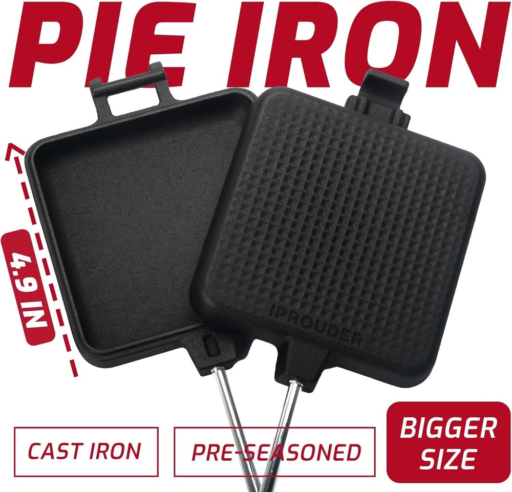 Large Cast Iron Pie Iron Set with Handles & Storage Bag for Camping