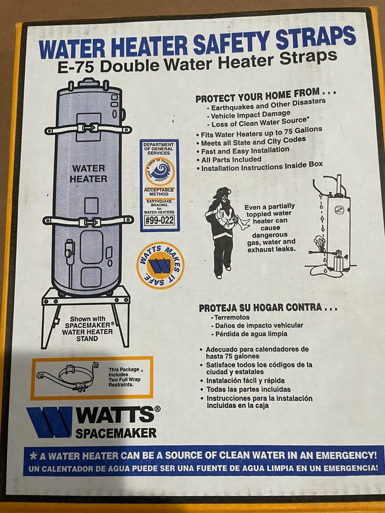 Double Hot Water Heater Safety Straps, Watts Spacemaker E-75, 75 Gallon