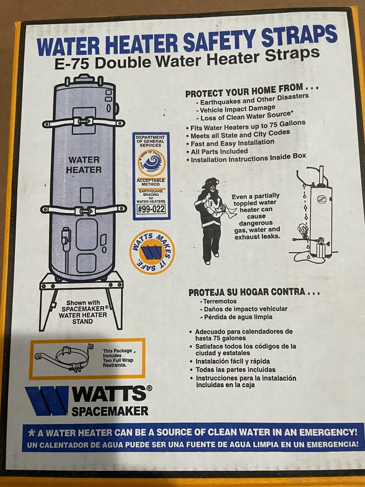 Double Hot Water Heater Safety Straps, Watts Spacemaker E-75, 75 Gallon
