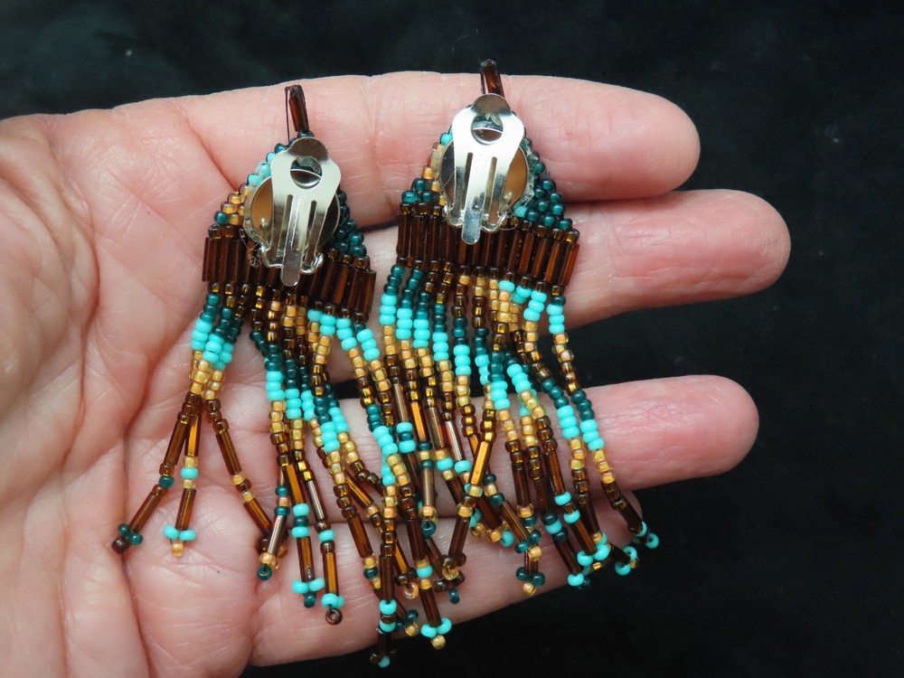 Vintage Handmade Multi Seed Bead Strand Earrings CLIP