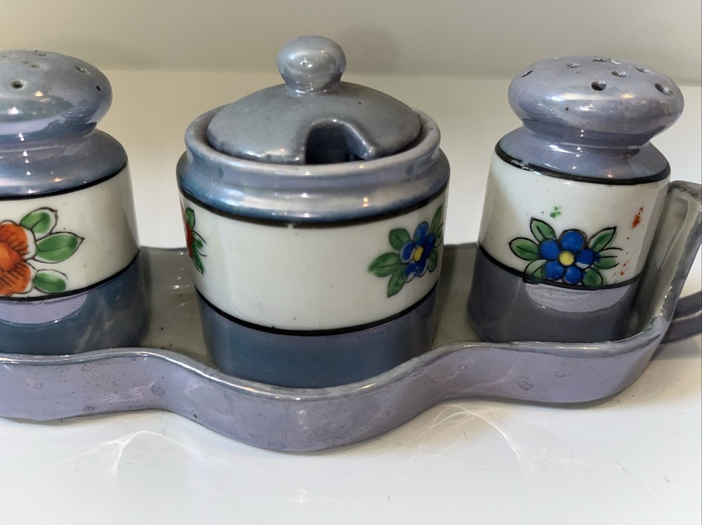Vintage Condiment Tray Salt Pepper Sugar Underplate 4 Pc. Blue