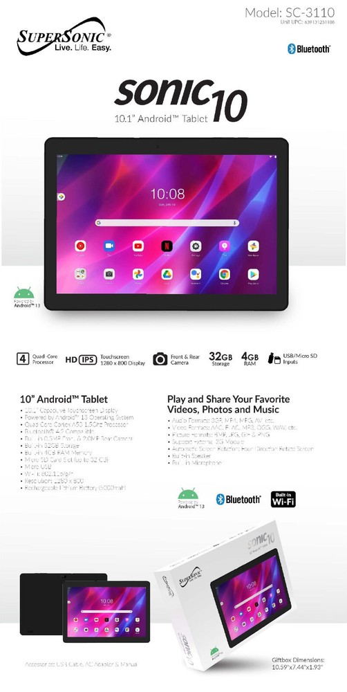 Supersonic 10" Android Touchscreen Tablet 32 GB SC-3110 NEW SEALED