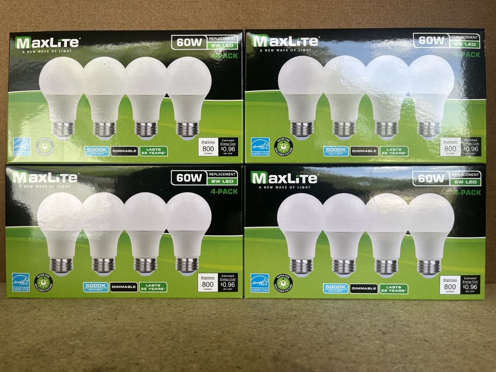 16 Pack Maxlite 8W LED Bulb = 60 watt replace A19 Daylight 5000K LED Light 60w