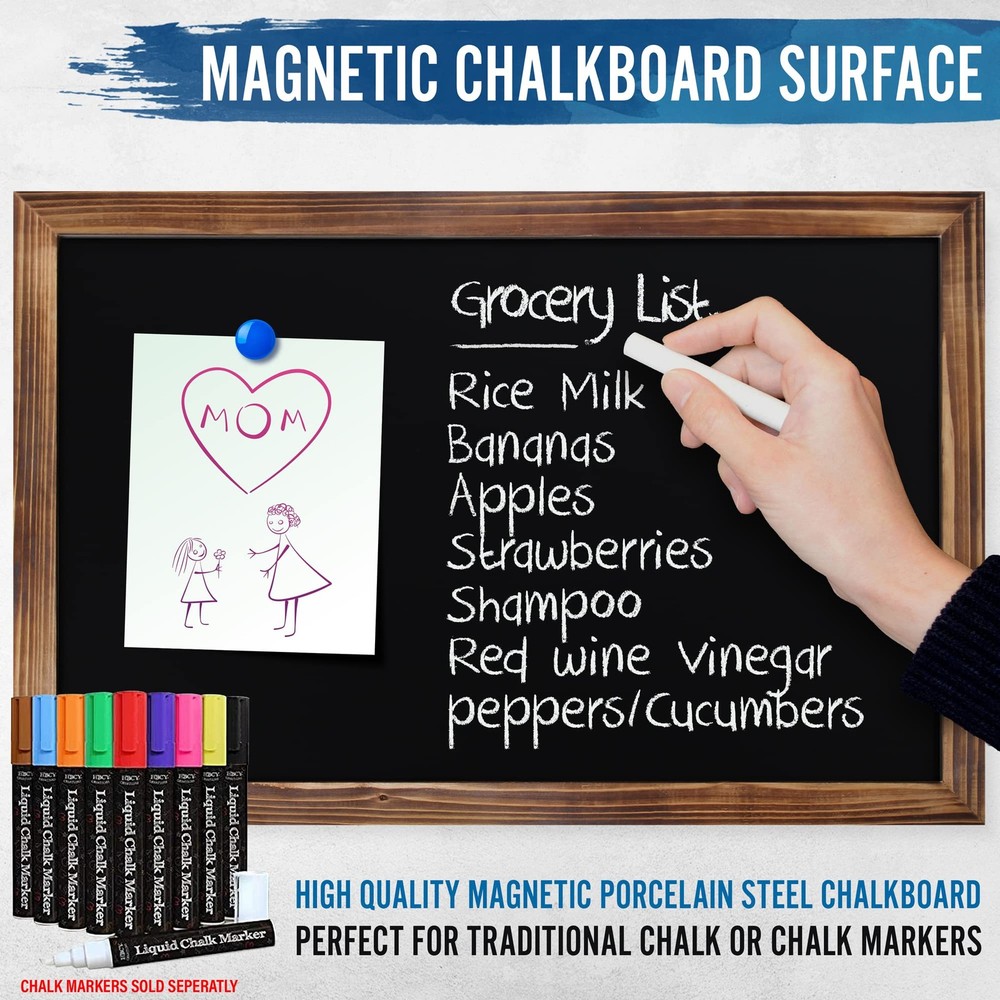 11" X 17" Torched Brown Solid Wood Frame Wall Chalkboard, Magnetic Surface, H...