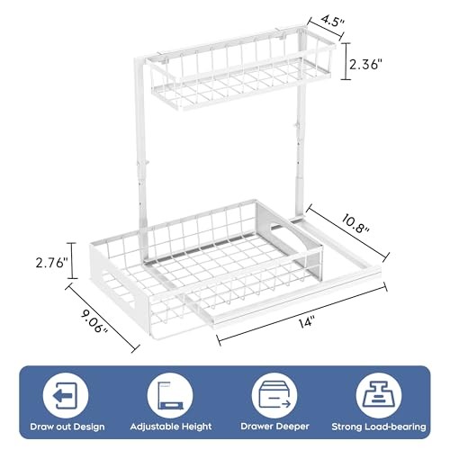 Under Sink Organizer Height Adjustable Cabinet Organizer with 2 Pack White