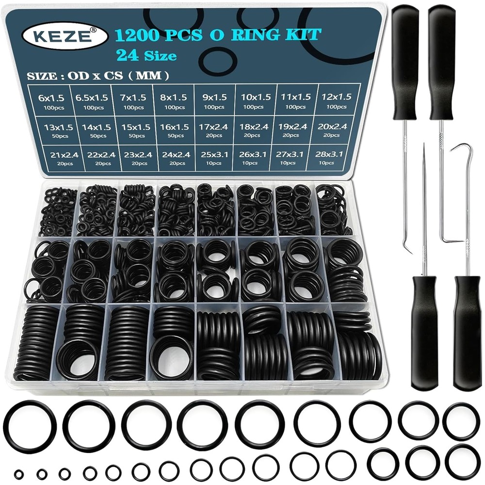 KEZE 1200 Pcs 24 Size Universal Rubber O-Ring Assortment Kit with black