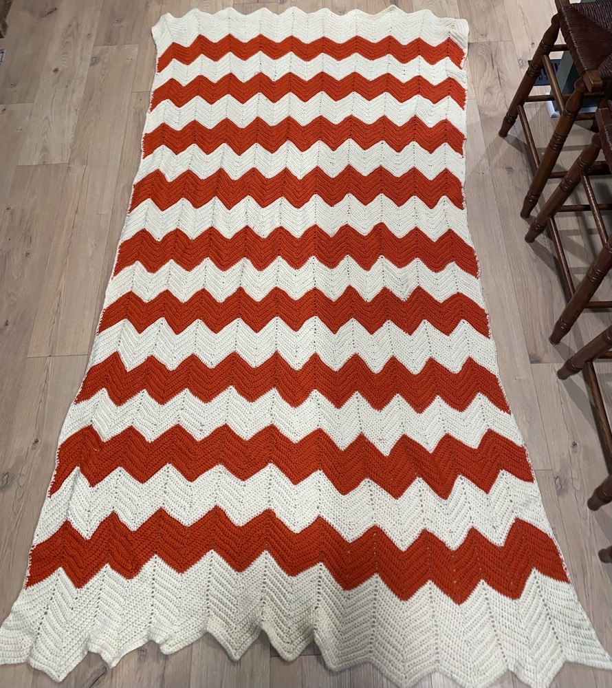 Vintage Handmade Crochet Afghan Throw Zig Zag Pattern 94”x48”