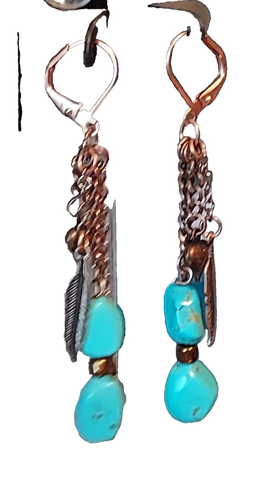 Turquoise Gemstone Earrings on Copper Leverbacks Dangle Chains Heart Leaf Charms