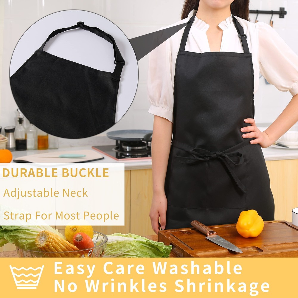 Adjustable Bib Aprons Water Resistant with 2 Pockets Black 2 Pack