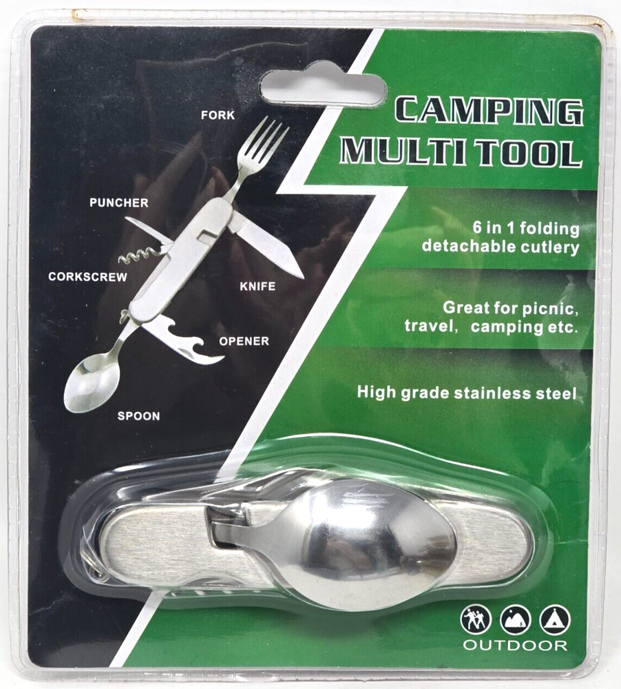 Camping Multi Tool Pocket Size Spoon Fork Knife Can Bottle Opener Corkscrew NEW