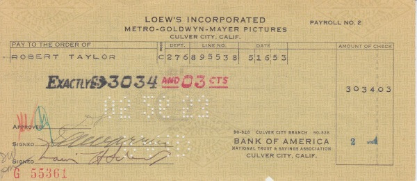 Robert Taylor signed endorsed bank check