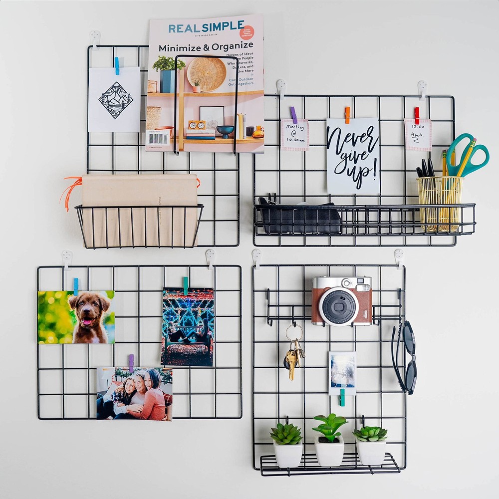4 Pack Wire Wall Grid Panel With Accessories | Includes Hanging Baskets, Lett...