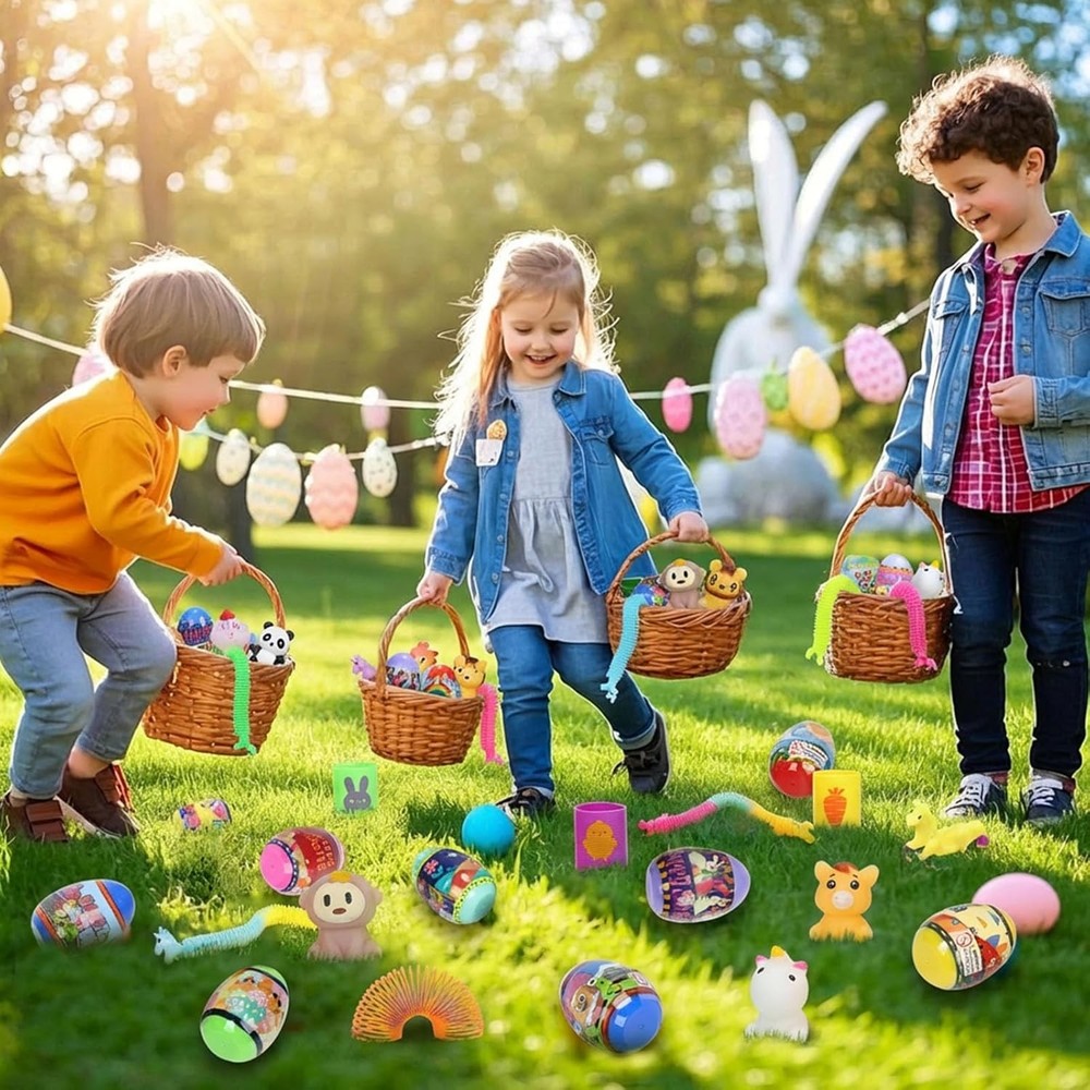 24 Pack Easter Eggs with Toy Inside,Includes Coil Springs,Squishies,Sticky Hands