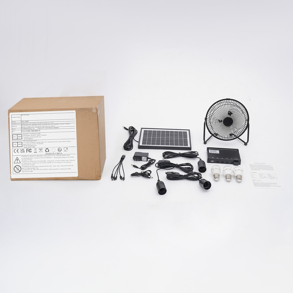 Solar Power Panel Kit Outdoor Camping USB Charging System W/ LED Light & 8" Fan