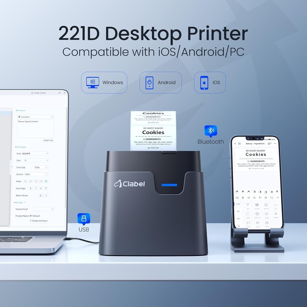 CLABEL Desk Bluetooth Barcode Label Printer: 221D Label Maker with 2 Inch Print