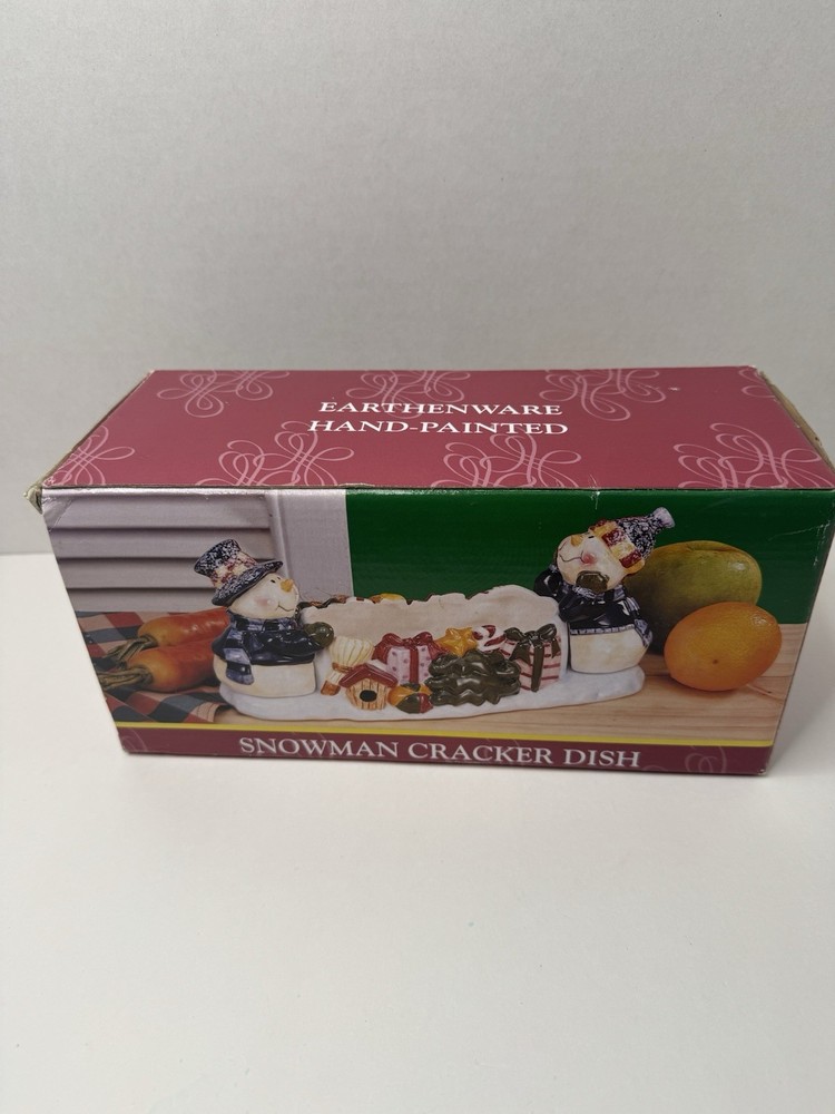 Earthenware Hand-Painted Ceramic Christmas Snowman Cracker Dish 10" Long