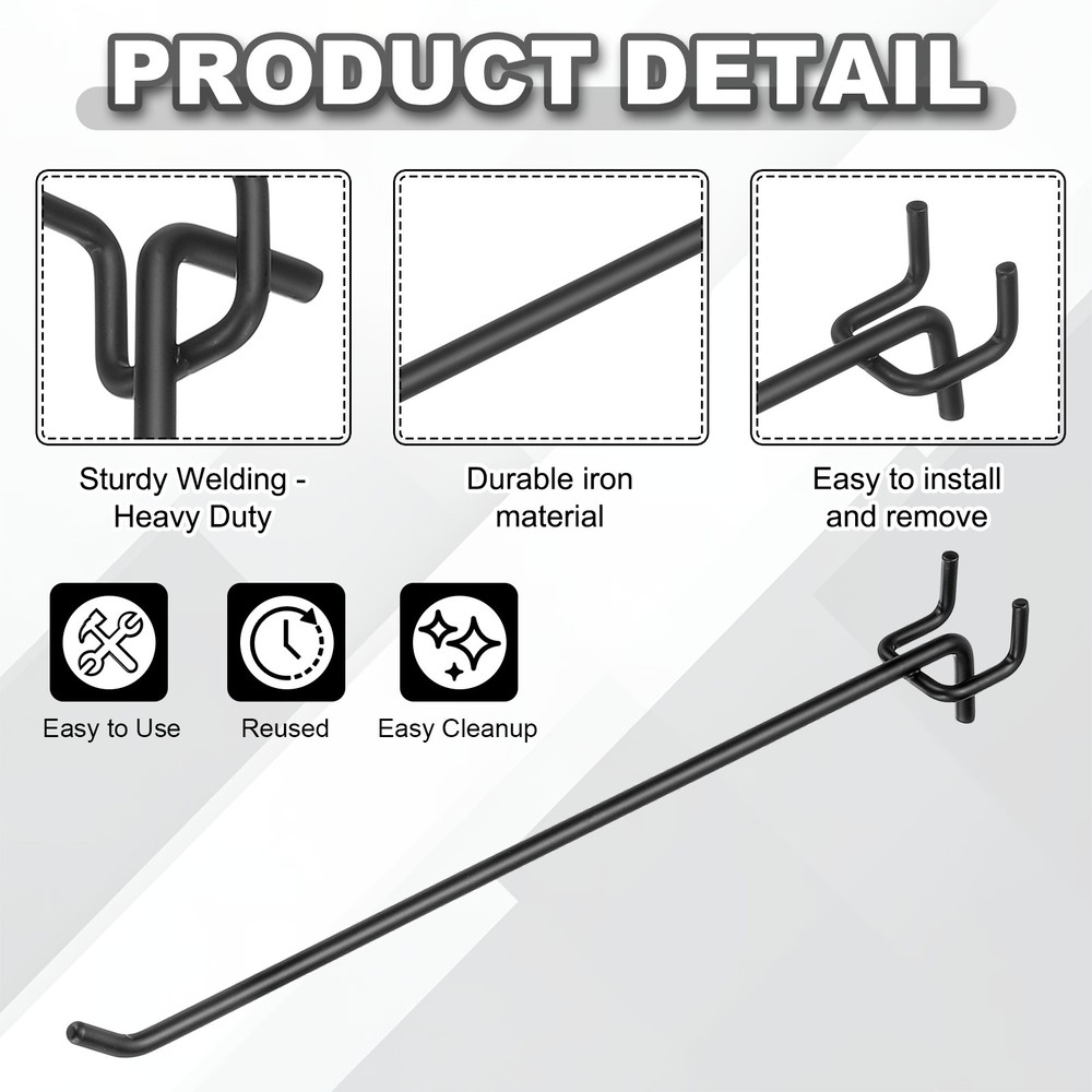 12 Pcs Pegboard Hooks, 9.8" Peg Board Hooks Kit, Black (1mm)