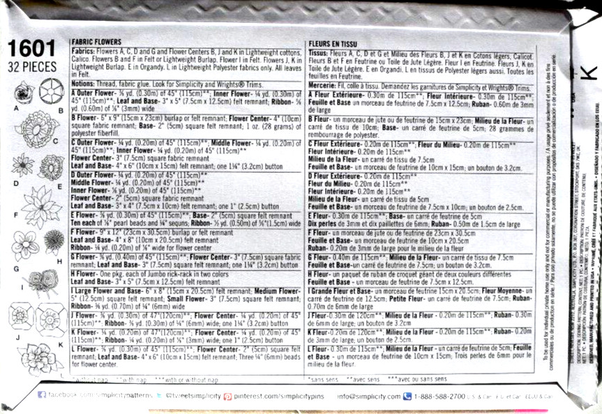 SIMPLICITY PATTERN 1601 FABRIC FLOWERS TO MAKE UNCUT FF