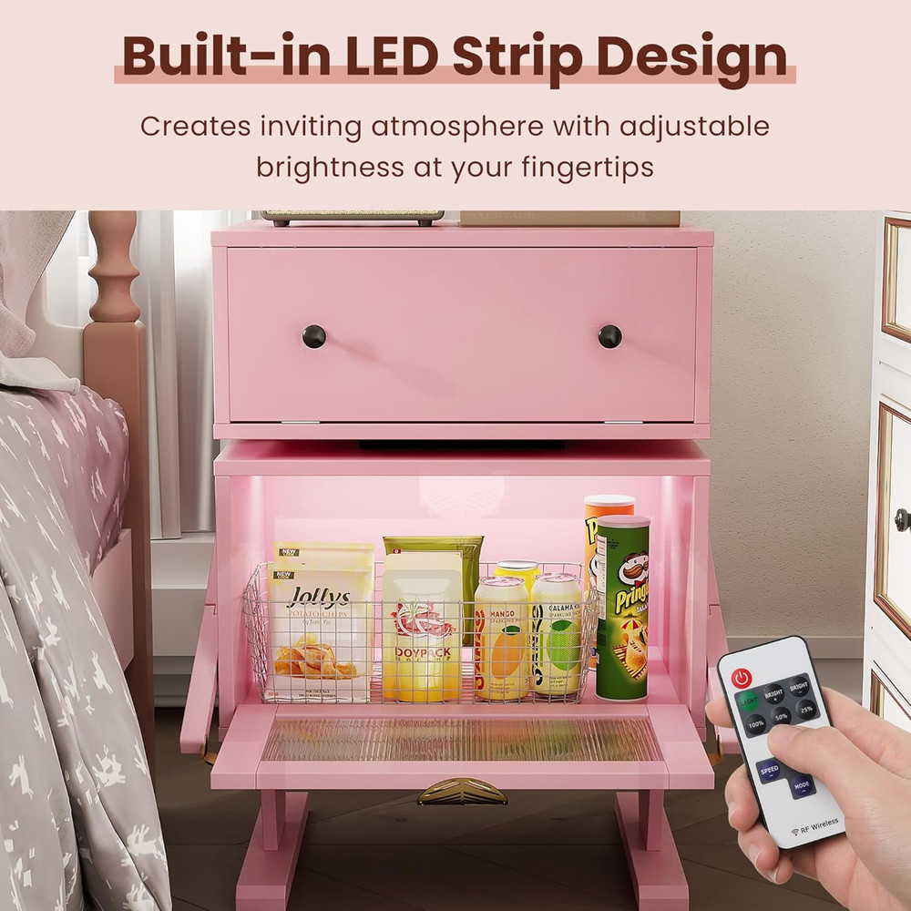 Modern Pink End Table with LED Light, Rotating Drawer & Storage