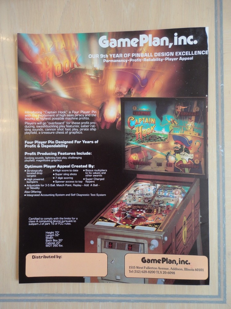Captain Hook Pinball Machine Flyer Original Magazine Pull Out Advertisement