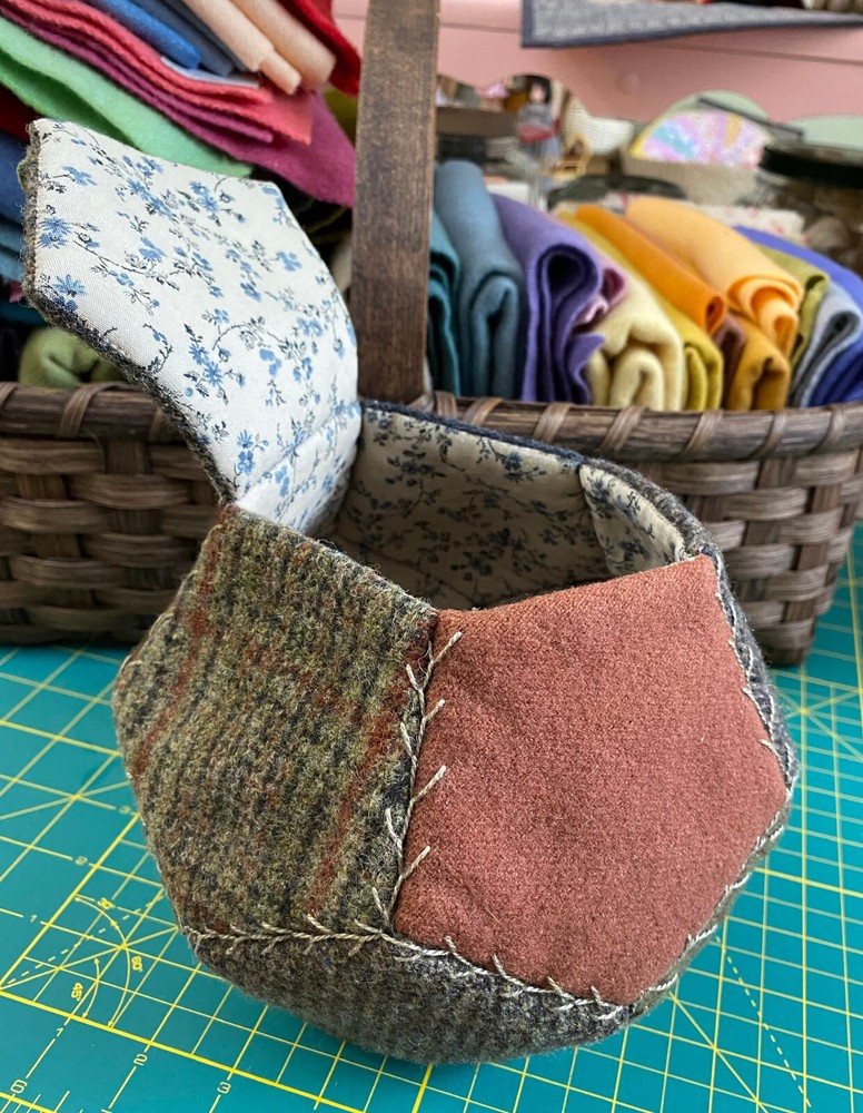 Primitive Wool Sewing Box - Hand Pieced Pentagon Shapes