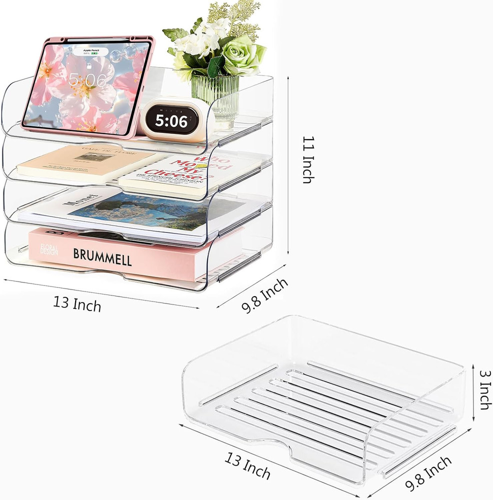 4-Tier Large-Capacity Paper Organizer Clear Stackable Desk Organizer Acrylic