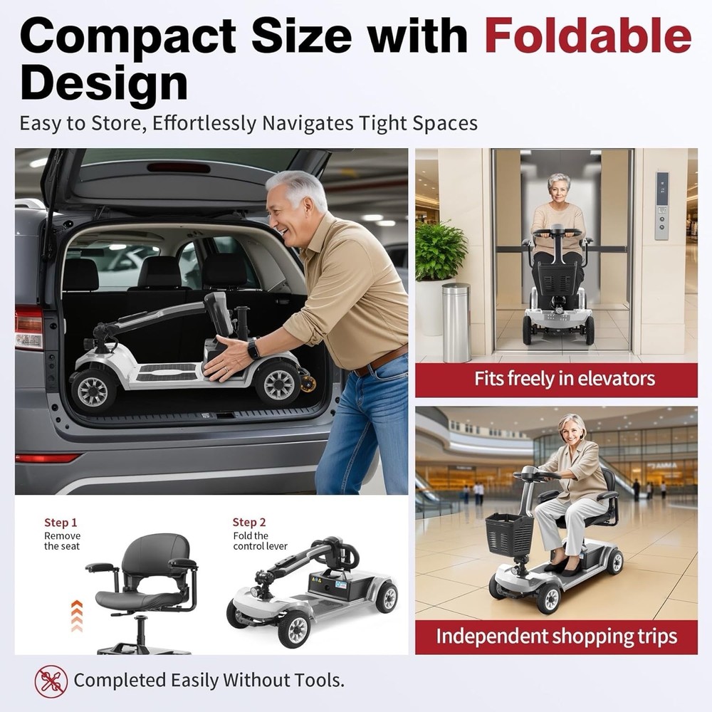 Foldable 4-Wheeled Mobility Scooter Removable Battery 418lbs 12AH Black Silver