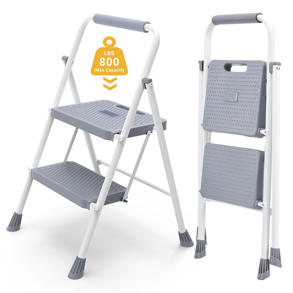 2 Step Ladder Folding Stool Heavy Duty Safety Stool with Handrail Grey