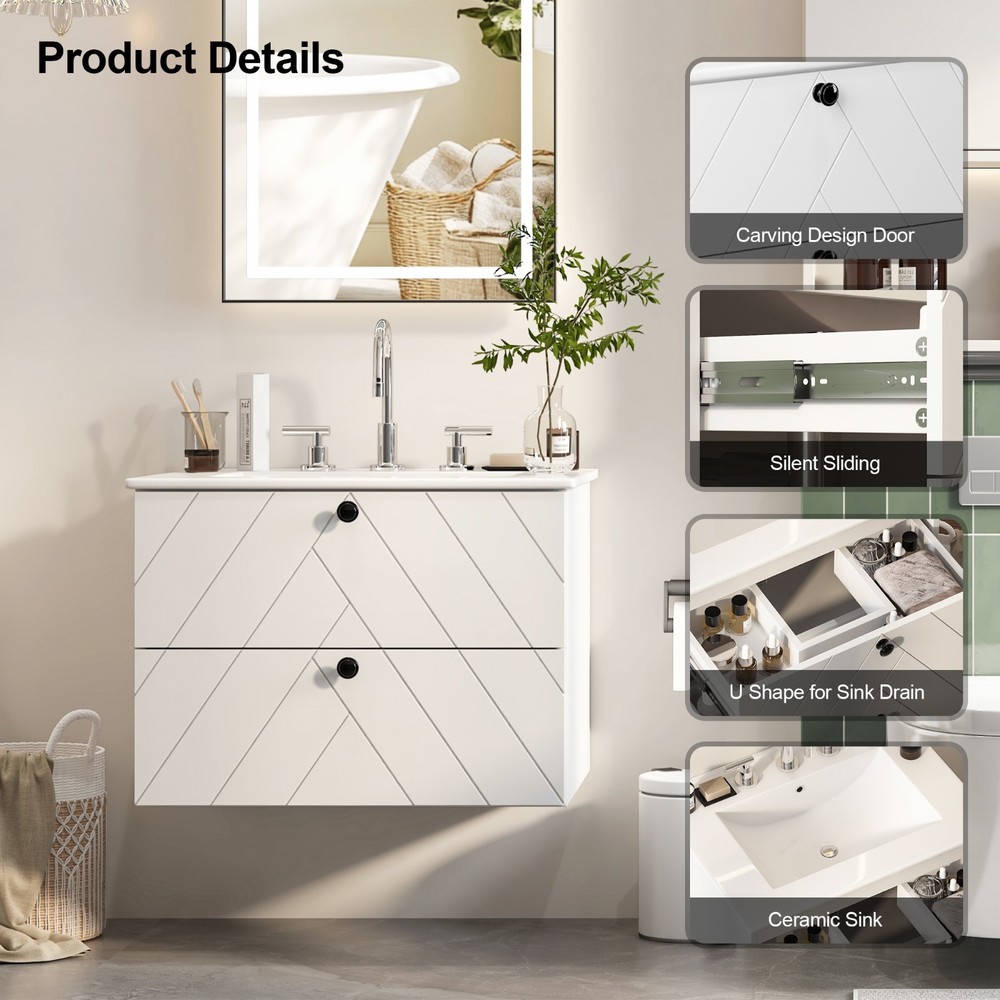 Floating Wall-Mounted Vanity Set with Ceramic Sink, Soft-Close Drawers White