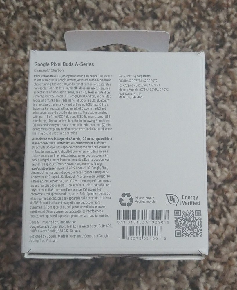 Google Pixel Buds Charcoal A-Series BOX ONLY NO EARBUDS Includes Instructions