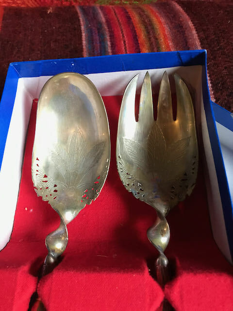 Beautiful Vintage Horn Handled Silver Serving Set-In Box-Tri-Leaf Design