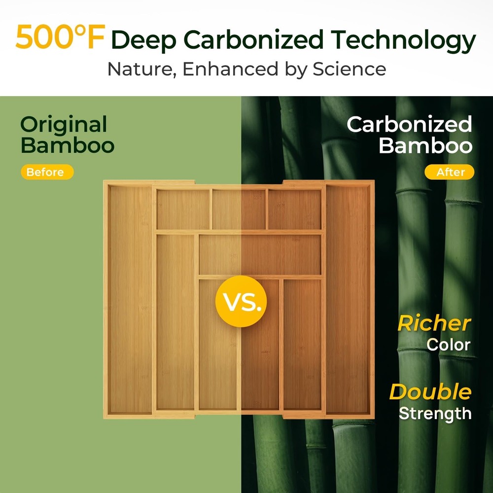 Carbonized Bamboo Kitchen Drawer Organizer, 10 Slots Expandable Silverware Or...