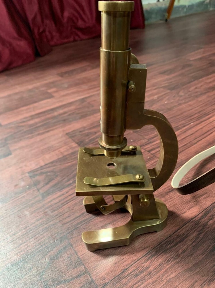 Antique Brass Microscope Student Microscope 7" Monocular Type With Leather Cover
