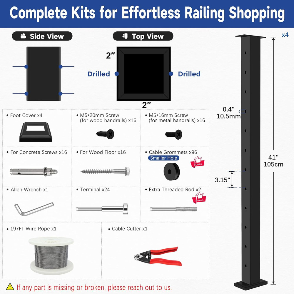 Modular Cable Railing Post Kit 12-16FT with 4 Posts & 197FT Cable System