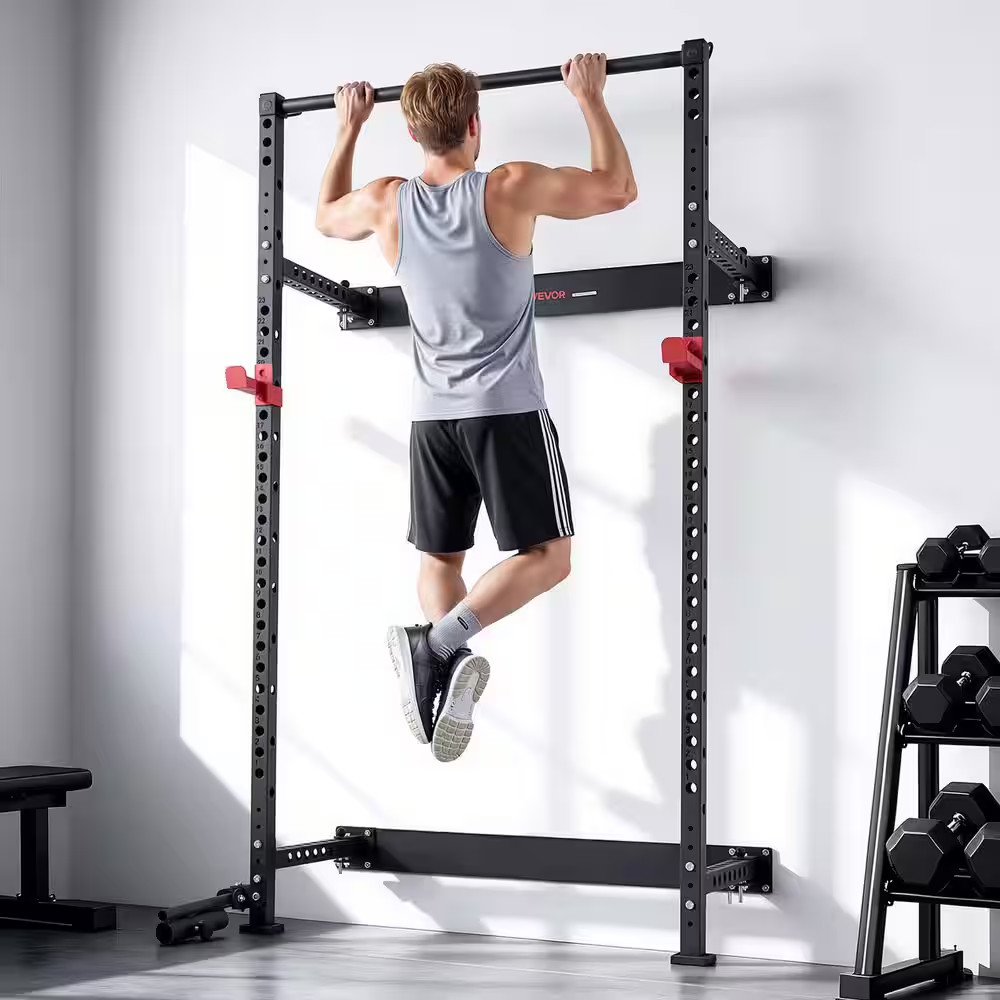Folding Power Cage, Wall-Mounted Power Rack Squat Rack, Multifunctional Strength