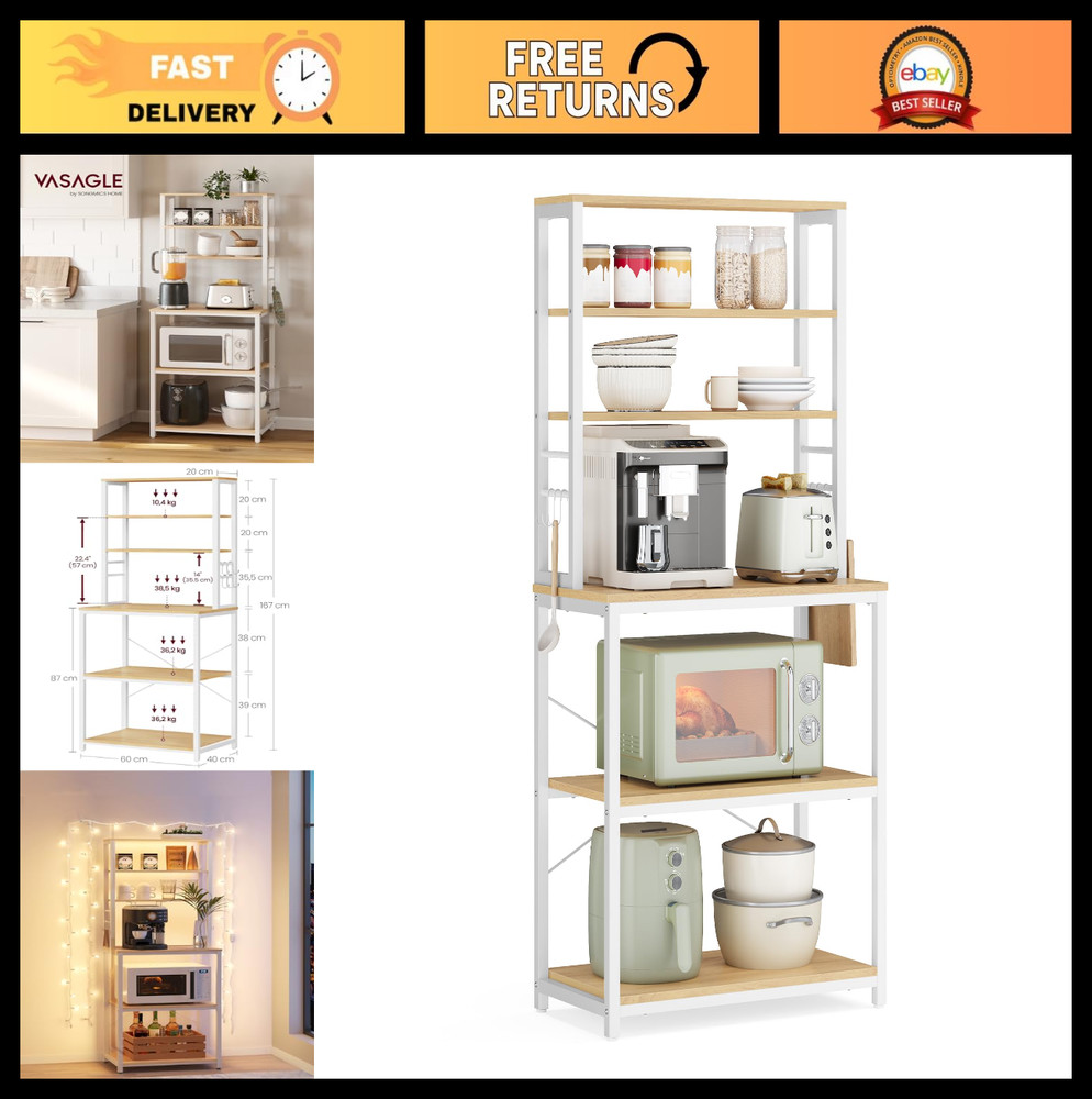 Modern Coffee Bar & Baker's Rack - 6-Tier Kitchen Shelves with Hooks, Microwave